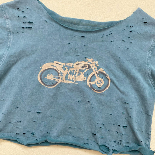 Reworked Distressed Biker Graphic Crop Baby Tee, Size XS