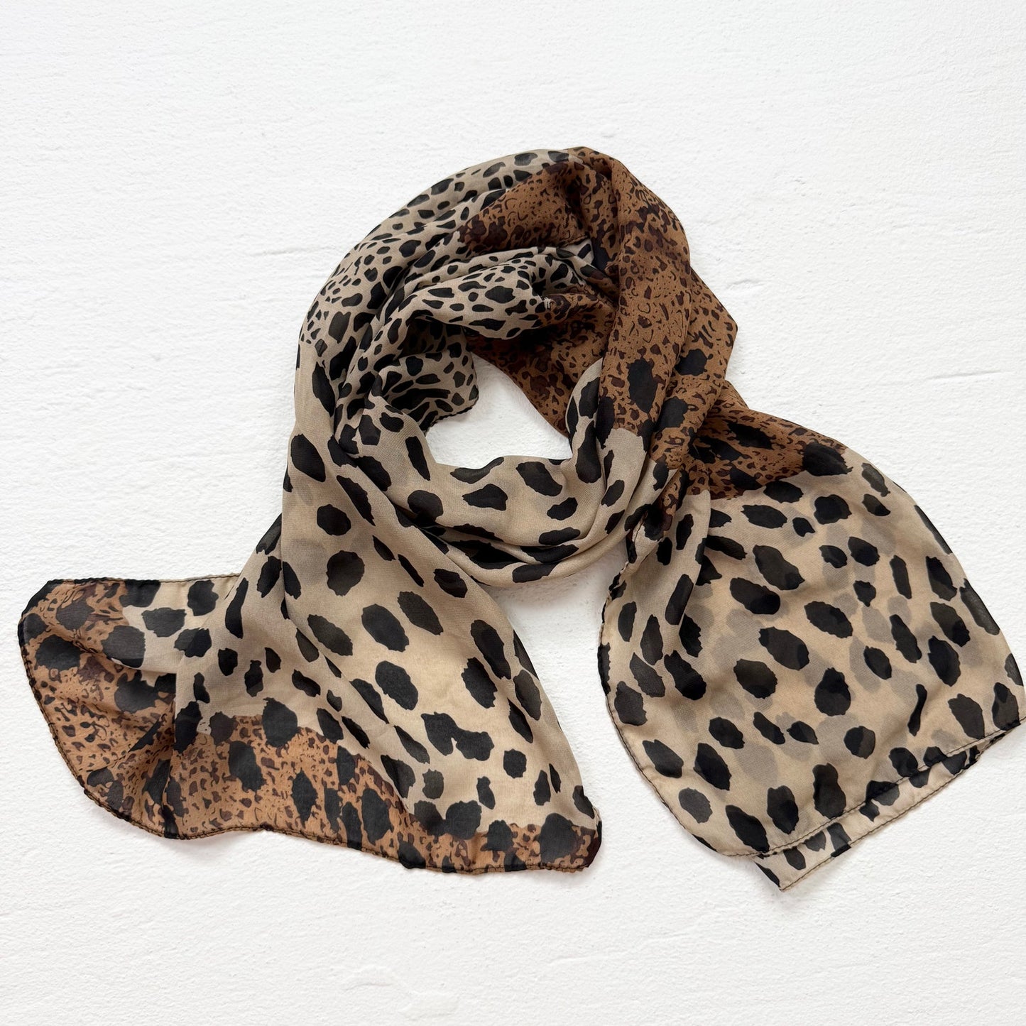 Secondhand Leopard Print Sheer Scarf Brown Tan Black Animal Print Wrap