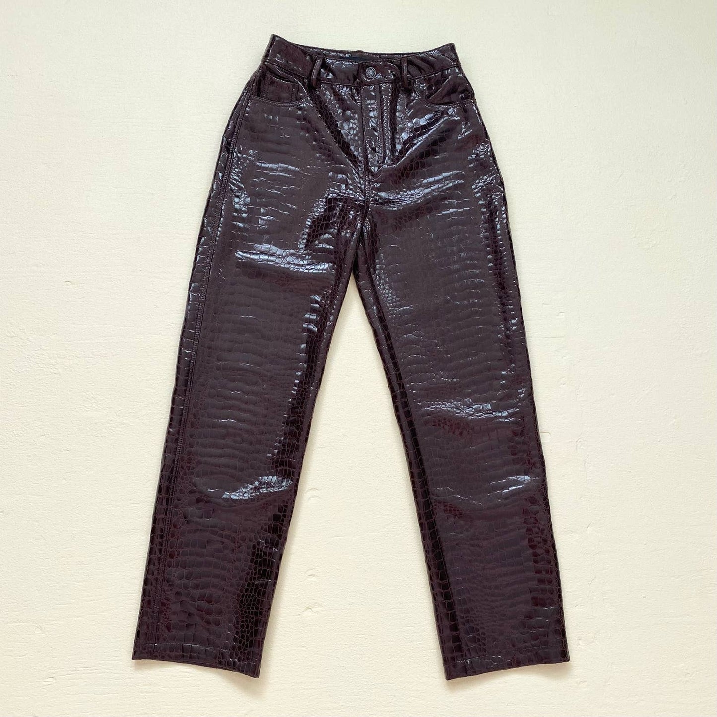 Secondhand Motel Parallel Trouser Croc PU Dark Brown, Size XS