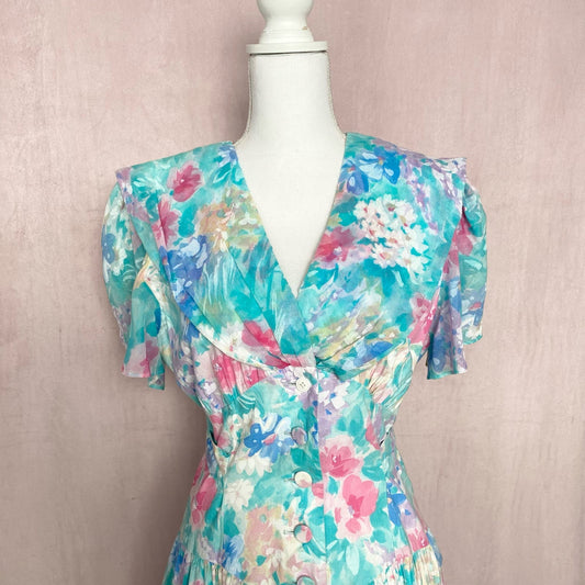 Vintage Dawn Joy Floral Fit & Flare Button Front Maxi Dress, Size M/L