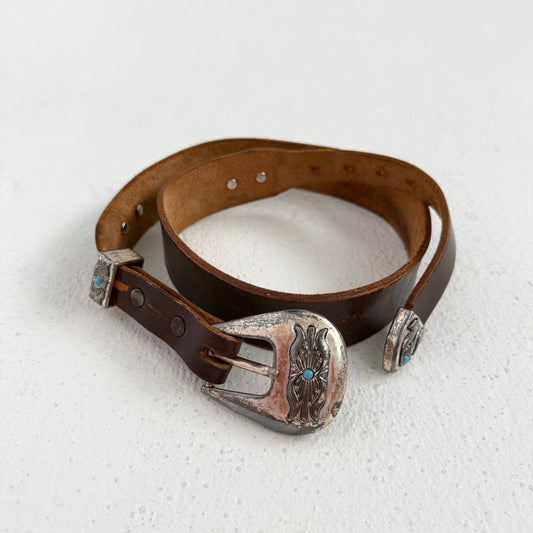 Vintage Western Turquoise Silver Leather Belt