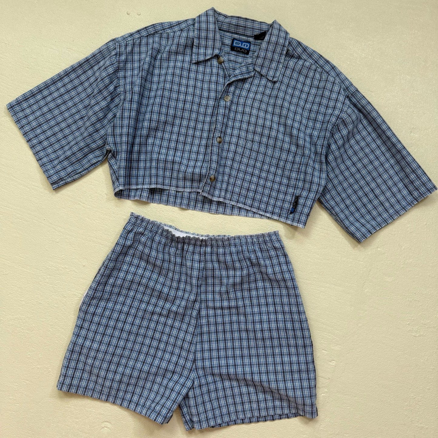 Upcycled Button Up Crop Shirt & Boxer Shorts Set, Size S/M
