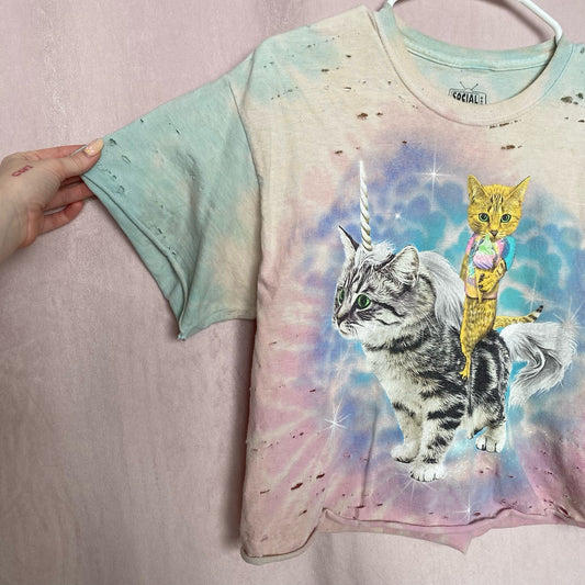 Upcycled Cat Unicorn Distressed Tie Dye Crop Tee, Size Medium