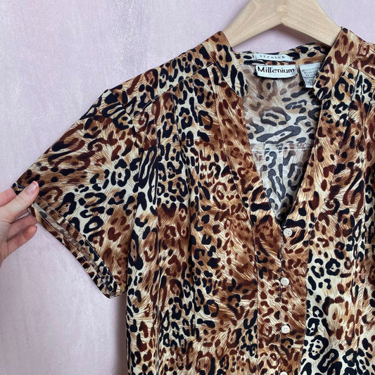 Vintage Millenium Leopard Print Button Up Blouse, Size XL