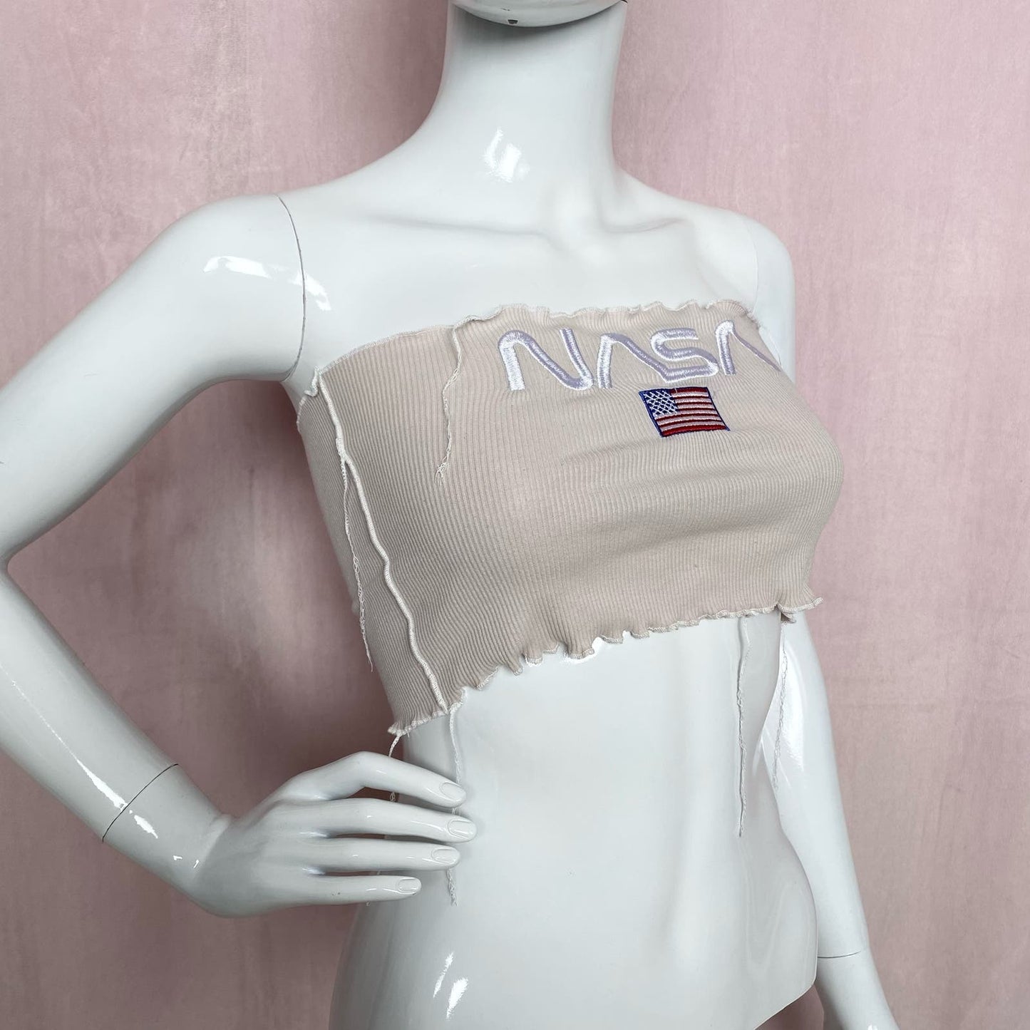 Upcycled Nasa USA Flag Embroidered Ribbed Tube Top, Size Small