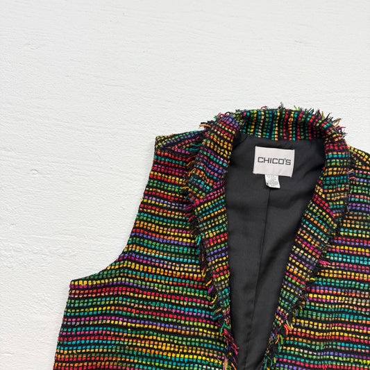 Vintage Chico’s Multicolor Silk Fringe Trim Open Front Vest, Size 1 (M)
