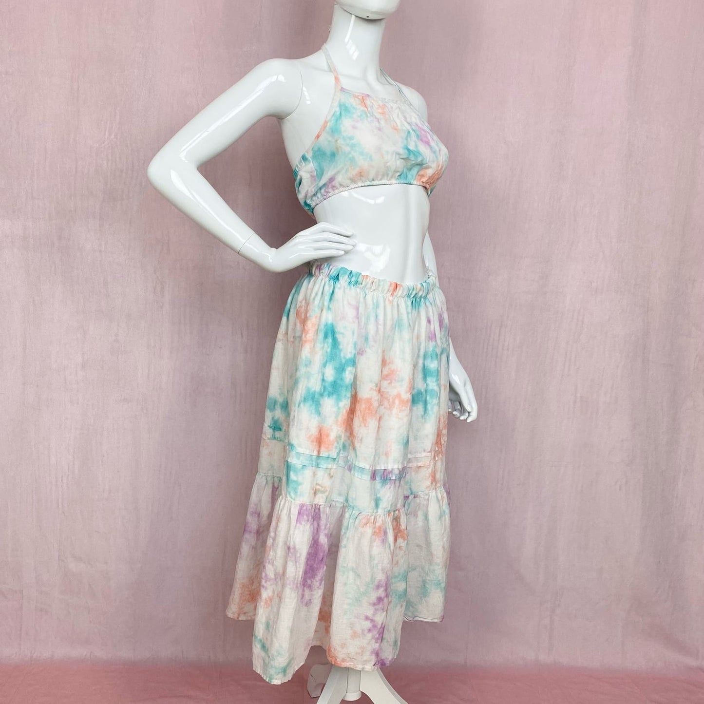 Upcycled Tie Dye Crop Halter Top & Skirt Set, Size XS