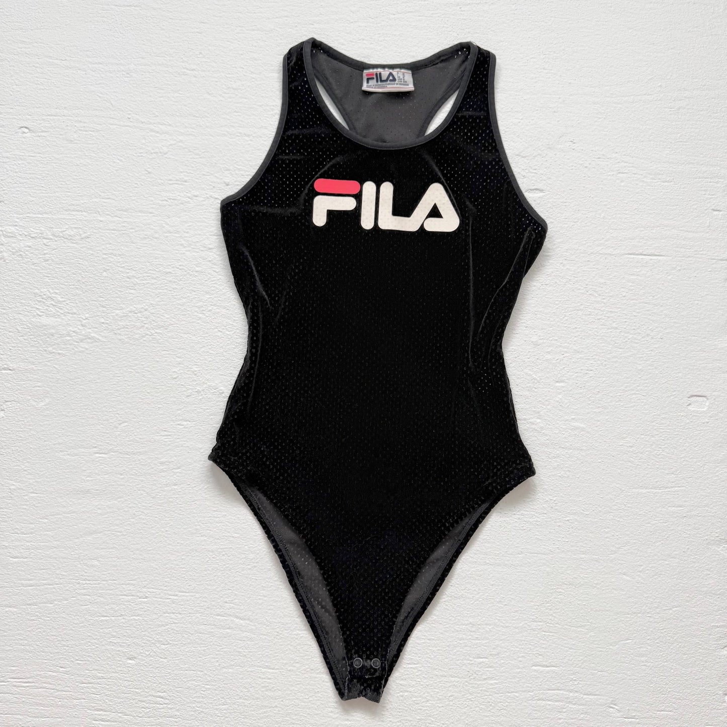 Secondhand FILA Black Velour Mesh Bodysuit Logo One Piece, Size Medium
