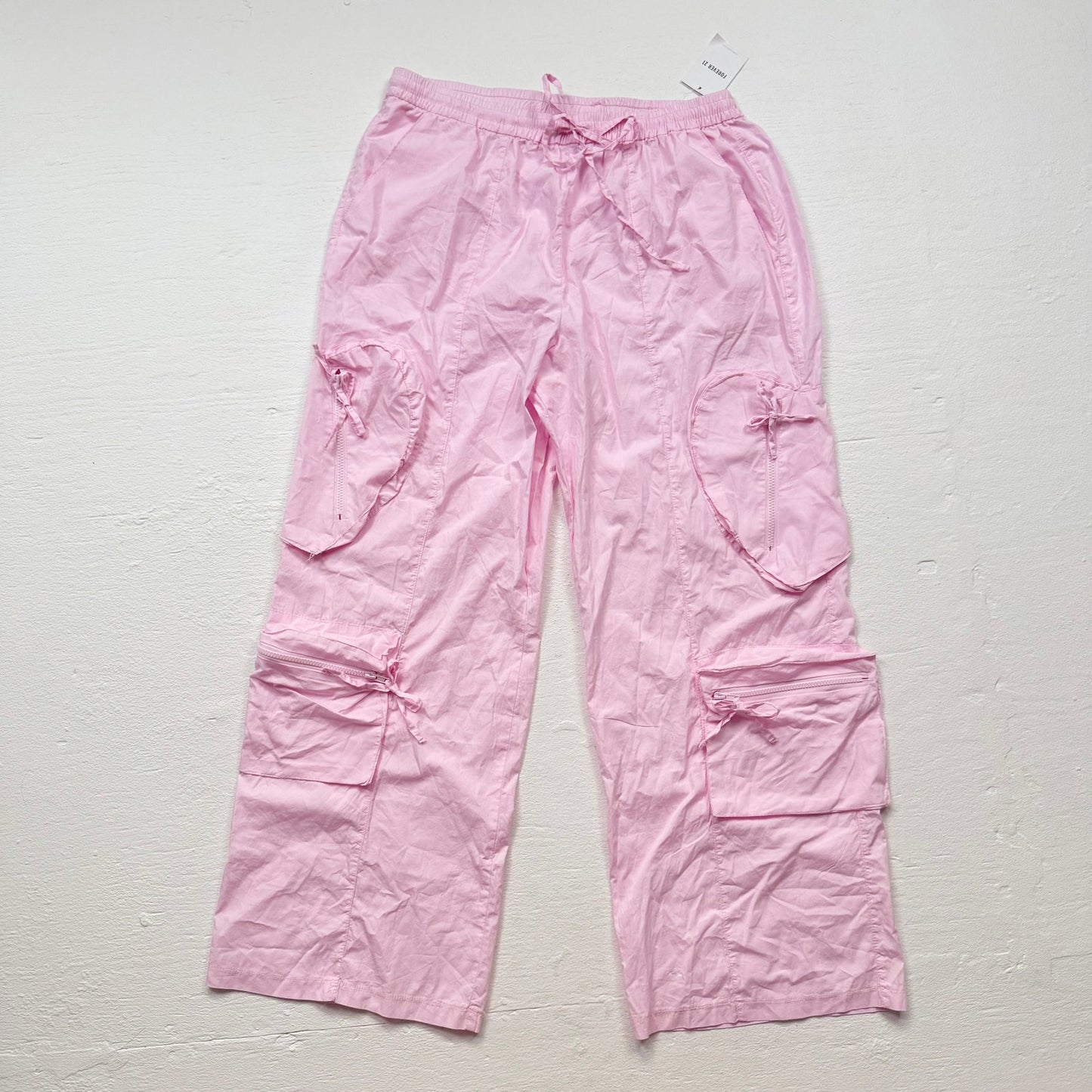 Secondhand Forever 21 Pink Cargo Wide Leg Pants Heart Pocket Bow Tie Detail, Size XL