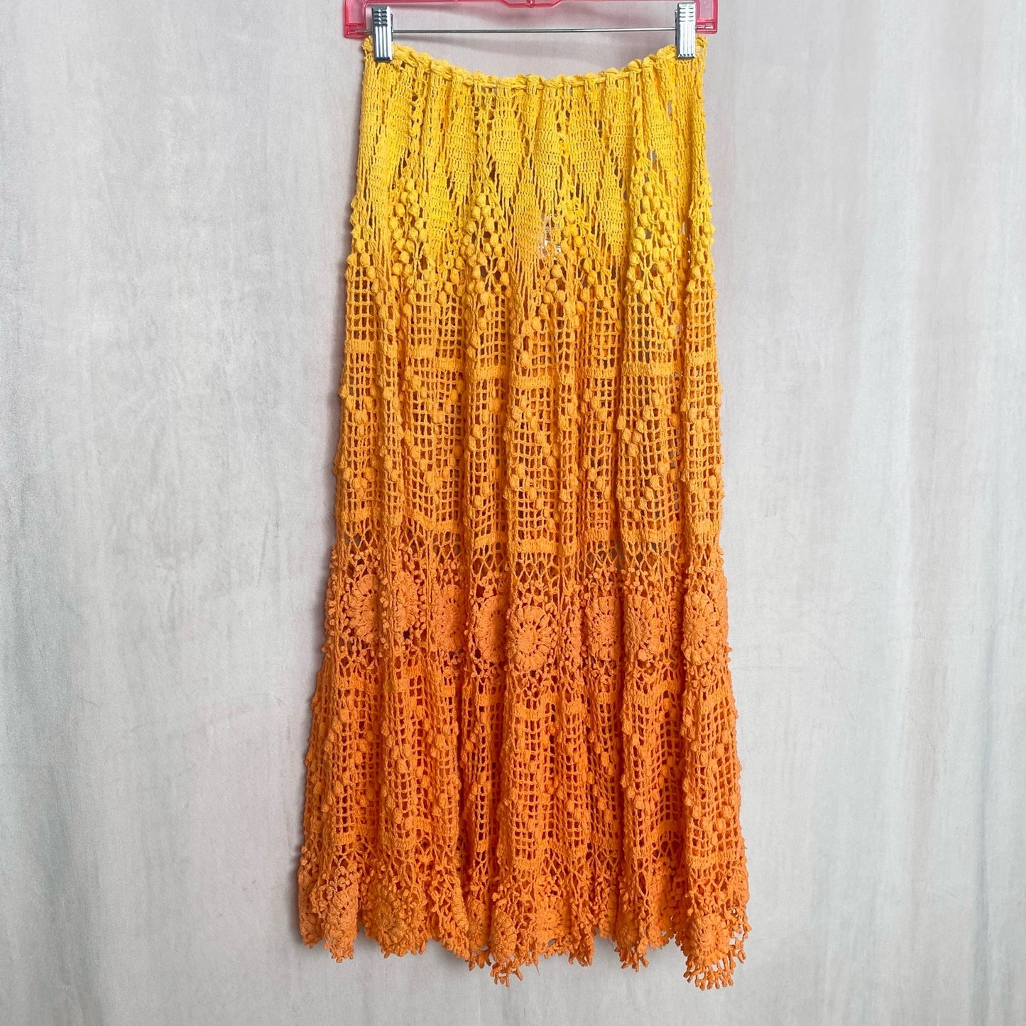 Secondhand Alix Pinho Revolve Sunset Crochet Midi Skirt in Orange, Size Small