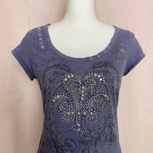 Y2K RXB Rhinestone Fleur De Lis Short Sleeve Top, Size Medium