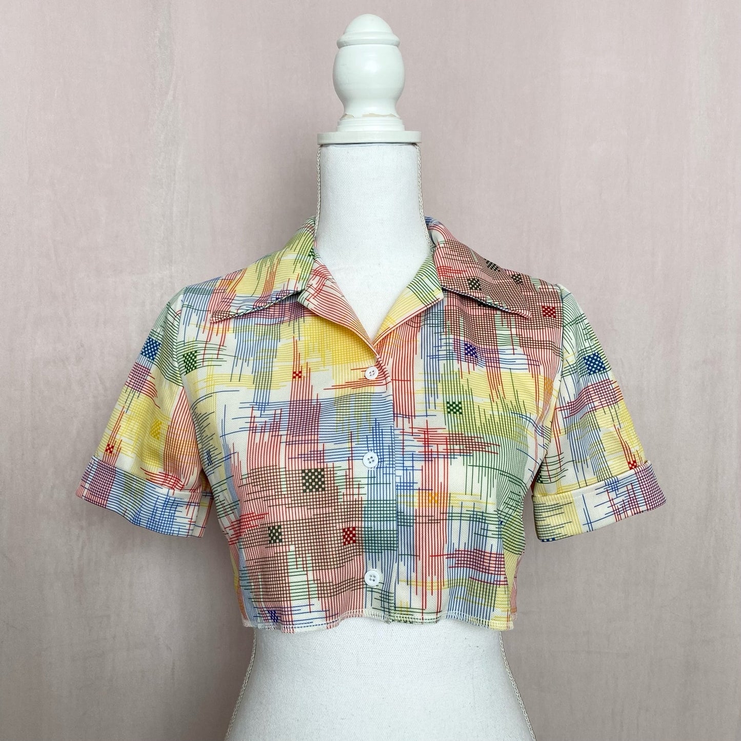 Upcycled Vintage 70s Crop Plaid Button Up Shirt, Size Small