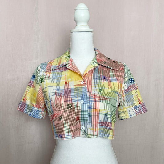 Upcycled Vintage 70s Crop Plaid Button Up Shirt, Size Small