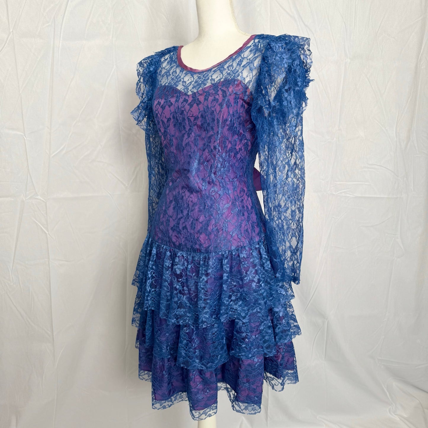 Vintage 80s Steppin Out Lace Ruffle Party Dress, Size Medium
