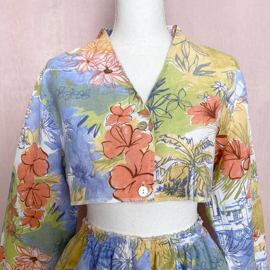 Upcycled Vintage Linen Blend Tropical Button Up Skirt Set, Size Small