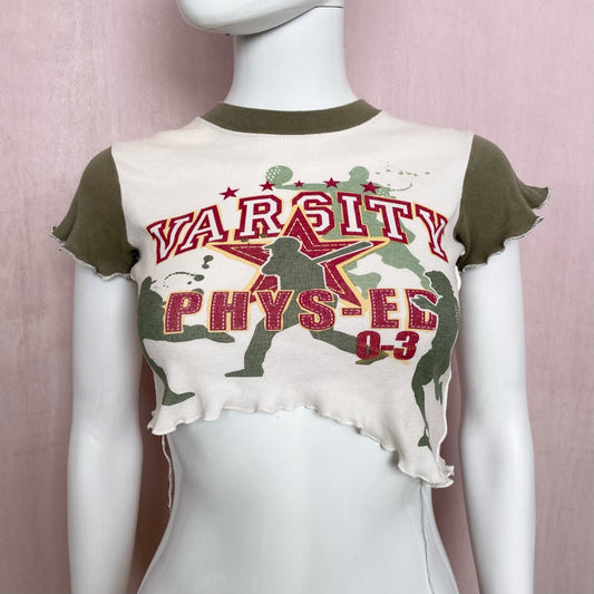 Upcycled Varsity Graphic Asymmetrical Crop Baby Tee, Size Small