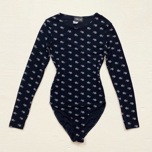Vintage Taxi Black Long Sleeve Ditsy Floral Bodysuit, Size Small