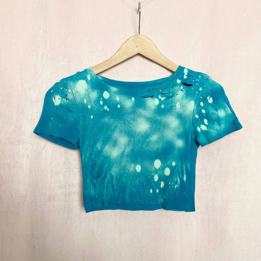 Reworked Distressed Acid Wash Blue Crop Tee, Size XS