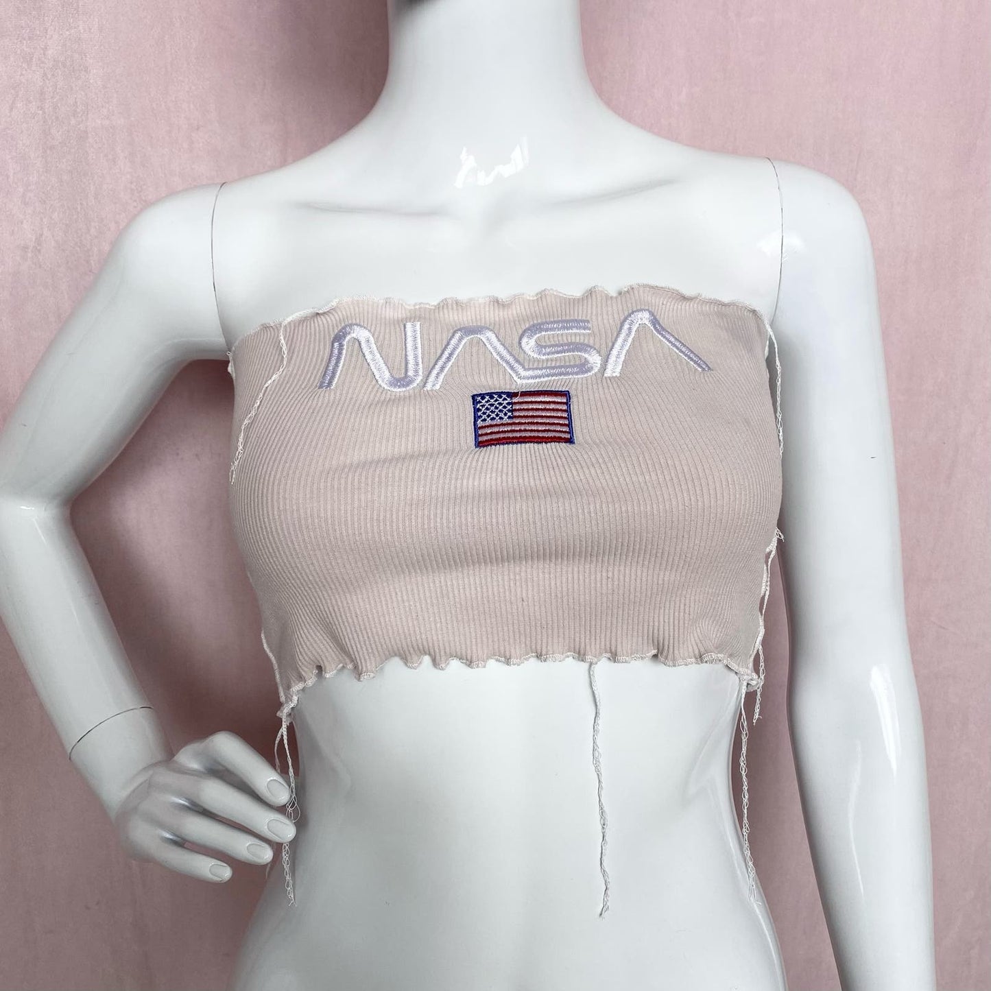 Upcycled Nasa USA Flag Embroidered Ribbed Tube Top, Size Small