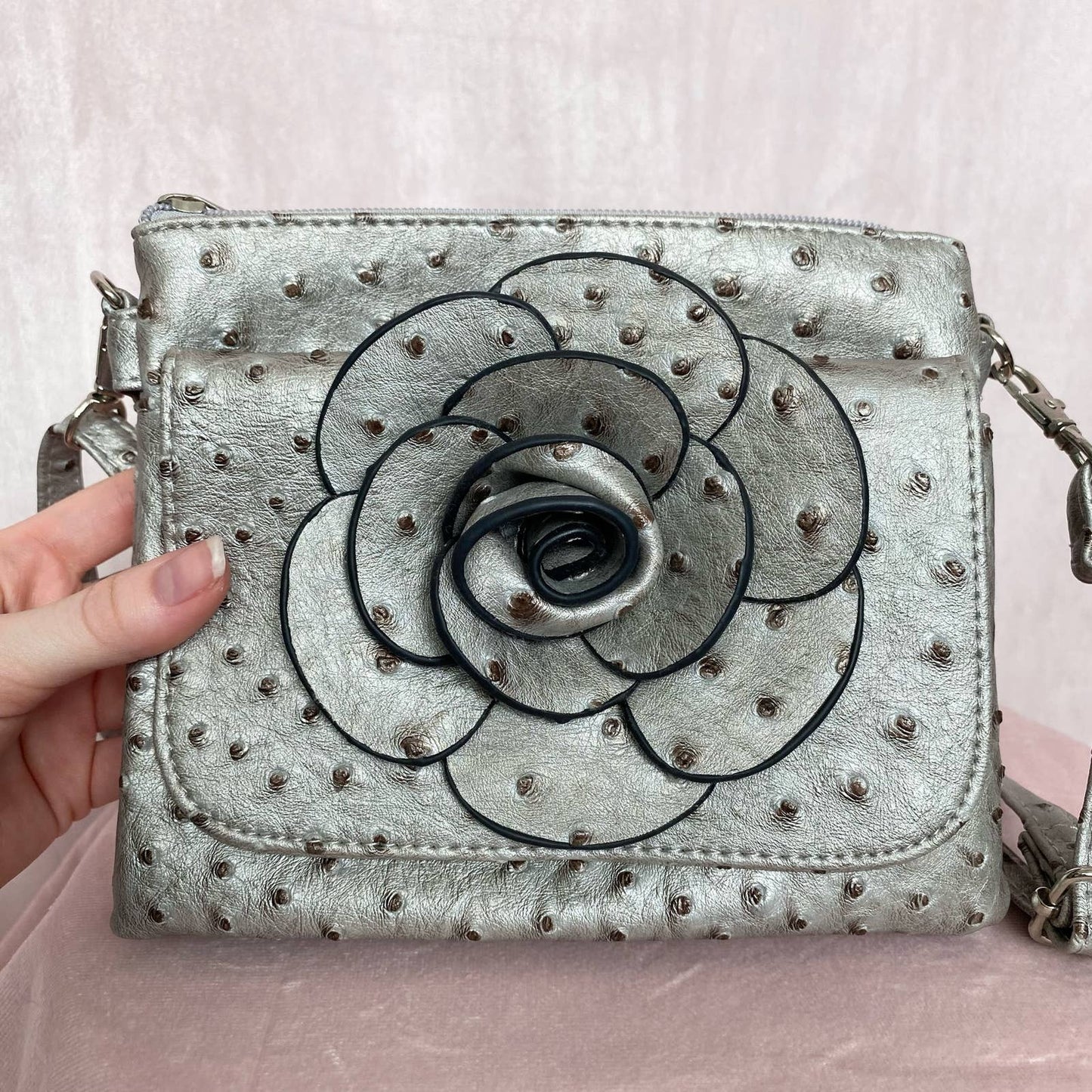 Secondhand Faux Ostrich Leather Flower Crossbody Bag