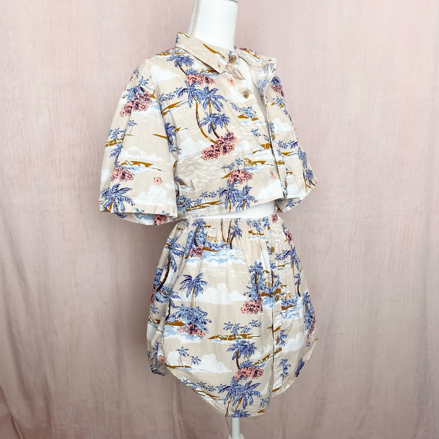 Upcycled Hawaiian Button Front Two Piece Skirt Set, Size Small