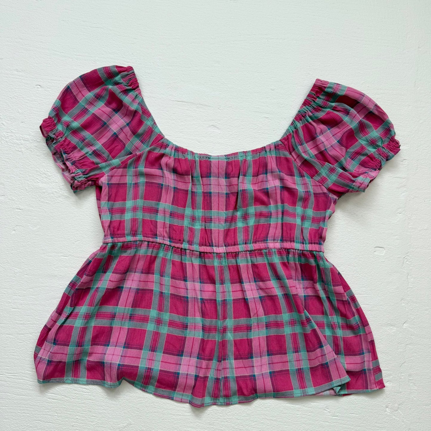 Secondhand Torrid Pink Teal Plaid Tie Front Peplum Top, Size 2X
