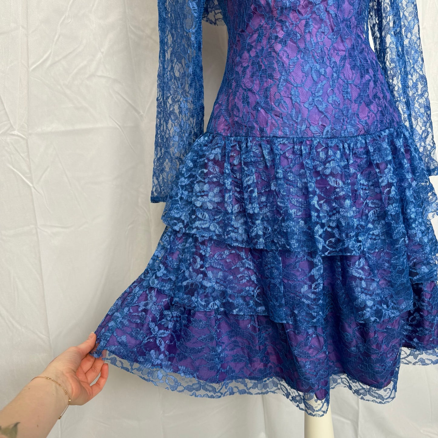 Vintage 80s Steppin Out Lace Ruffle Party Dress, Size Medium