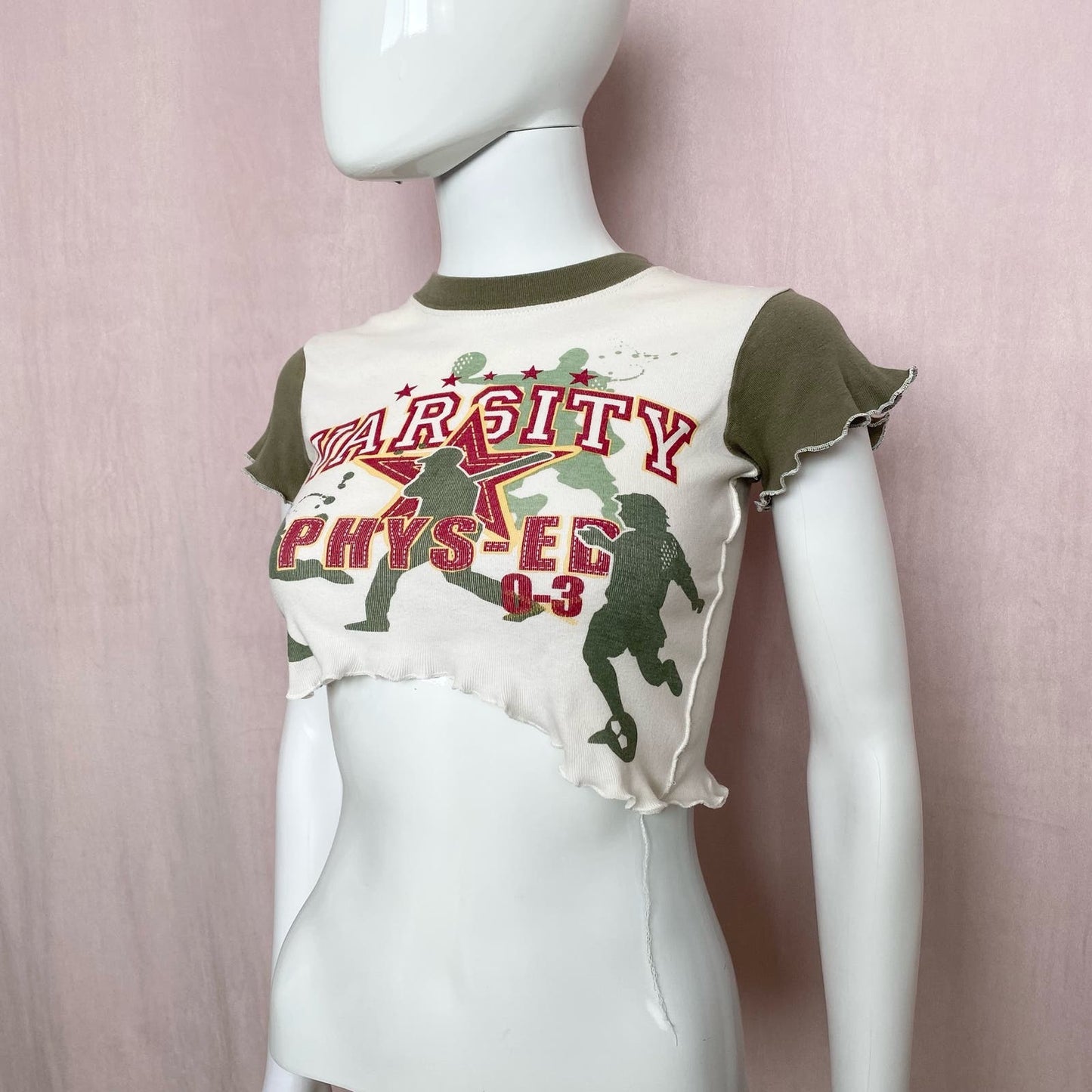 Upcycled Varsity Graphic Asymmetrical Crop Baby Tee, Size Small