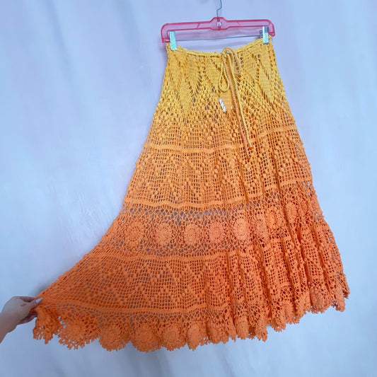 Secondhand Alix Pinho Revolve Sunset Crochet Midi Skirt in Orange, Size Small