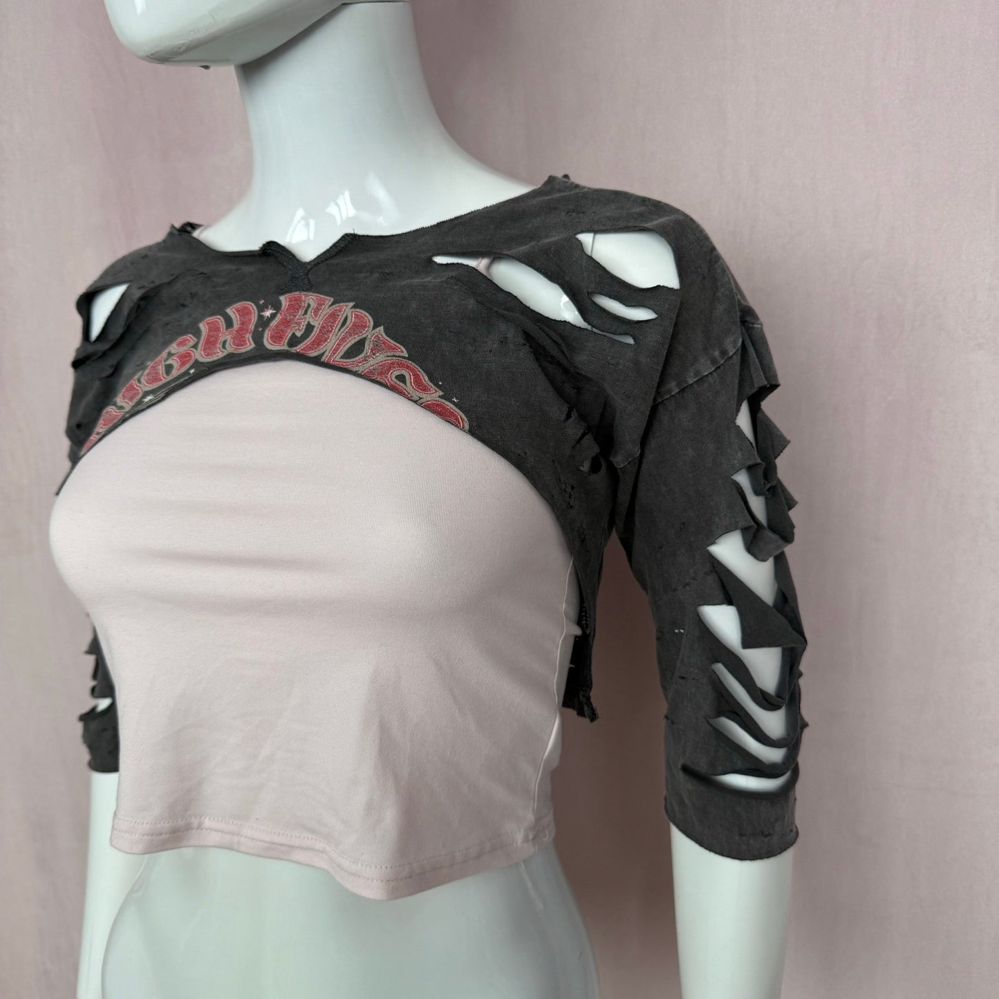 Upcycled Distressed Cutout Retro Graphic Shrug, Size Small
