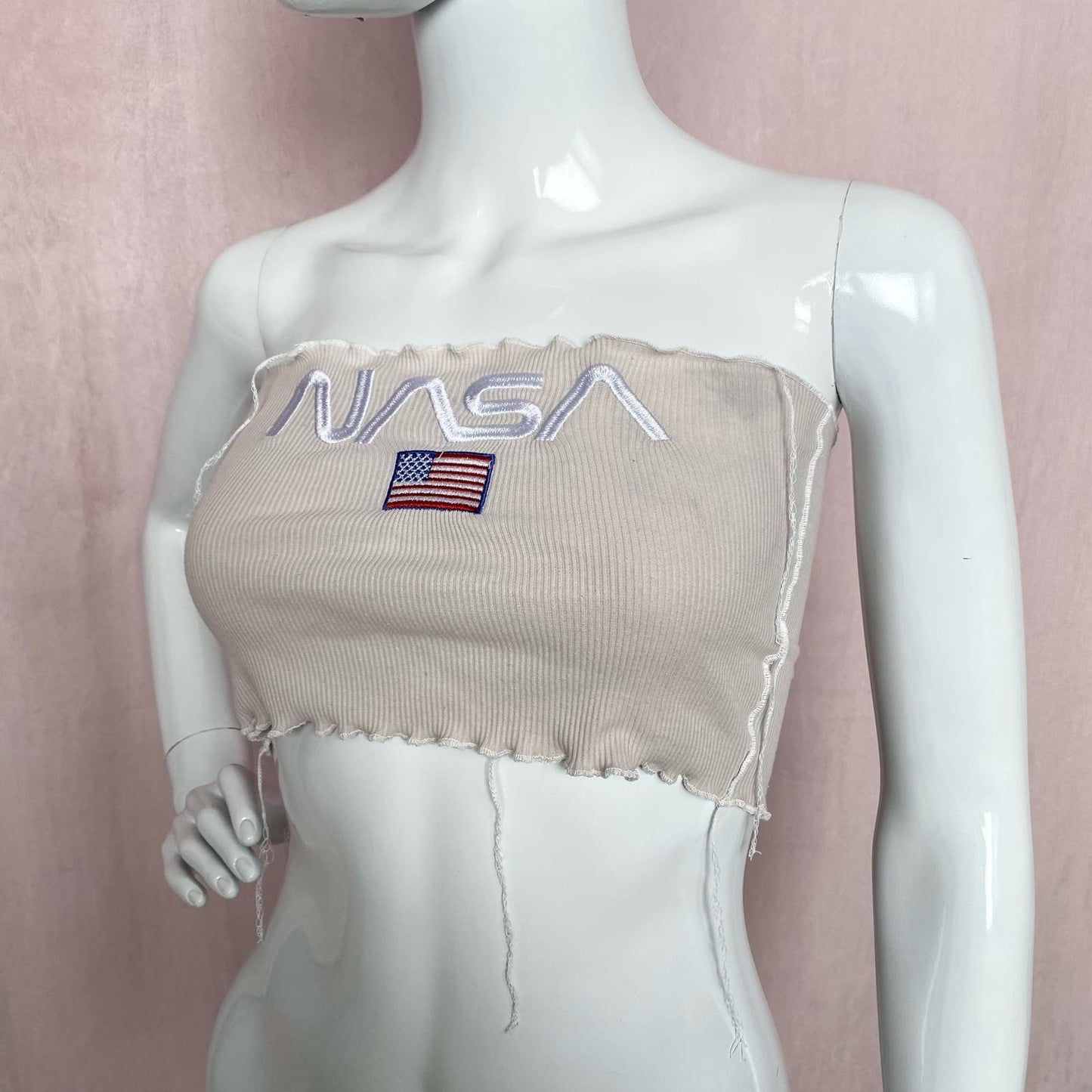 Upcycled Nasa USA Flag Embroidered Ribbed Tube Top, Size Small
