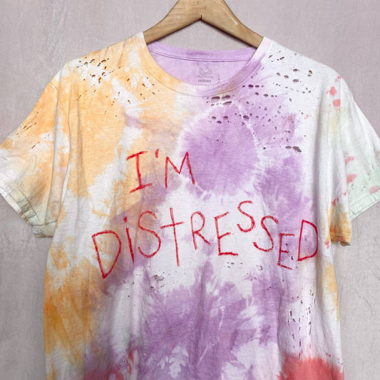 Upcycled I’m Distressed Ripped Tie Dye Tee, Size Large