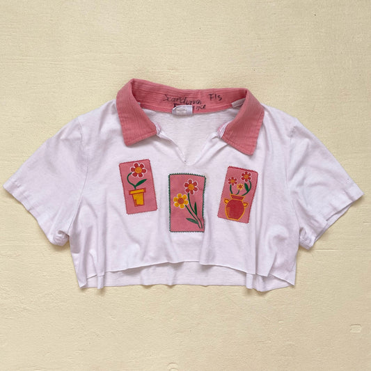 Reworked Vintage Floral Collared Crop Top Tee, Size XL
