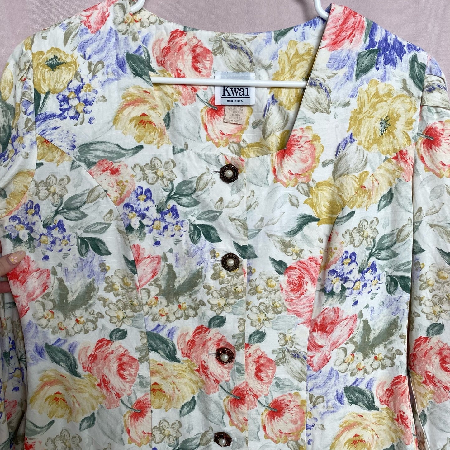 Vintage 80s Kwai Button Up Crop Sleeve Blouse, Size 12