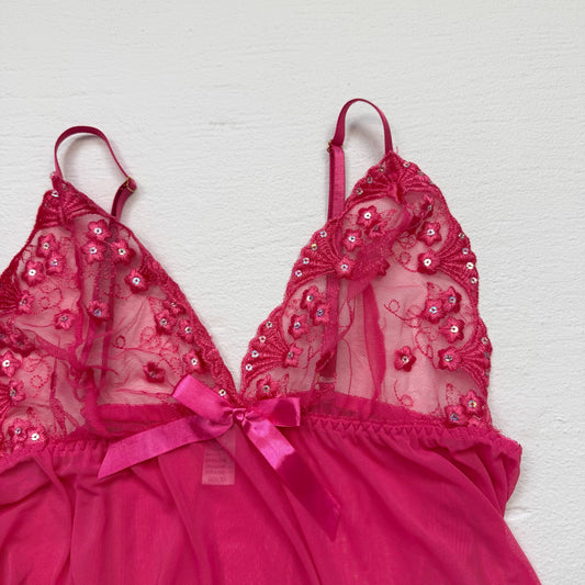 Secondhand Pink Mesh Sequin Lace Babydoll Lingerie Mini Nightgown, Size XL