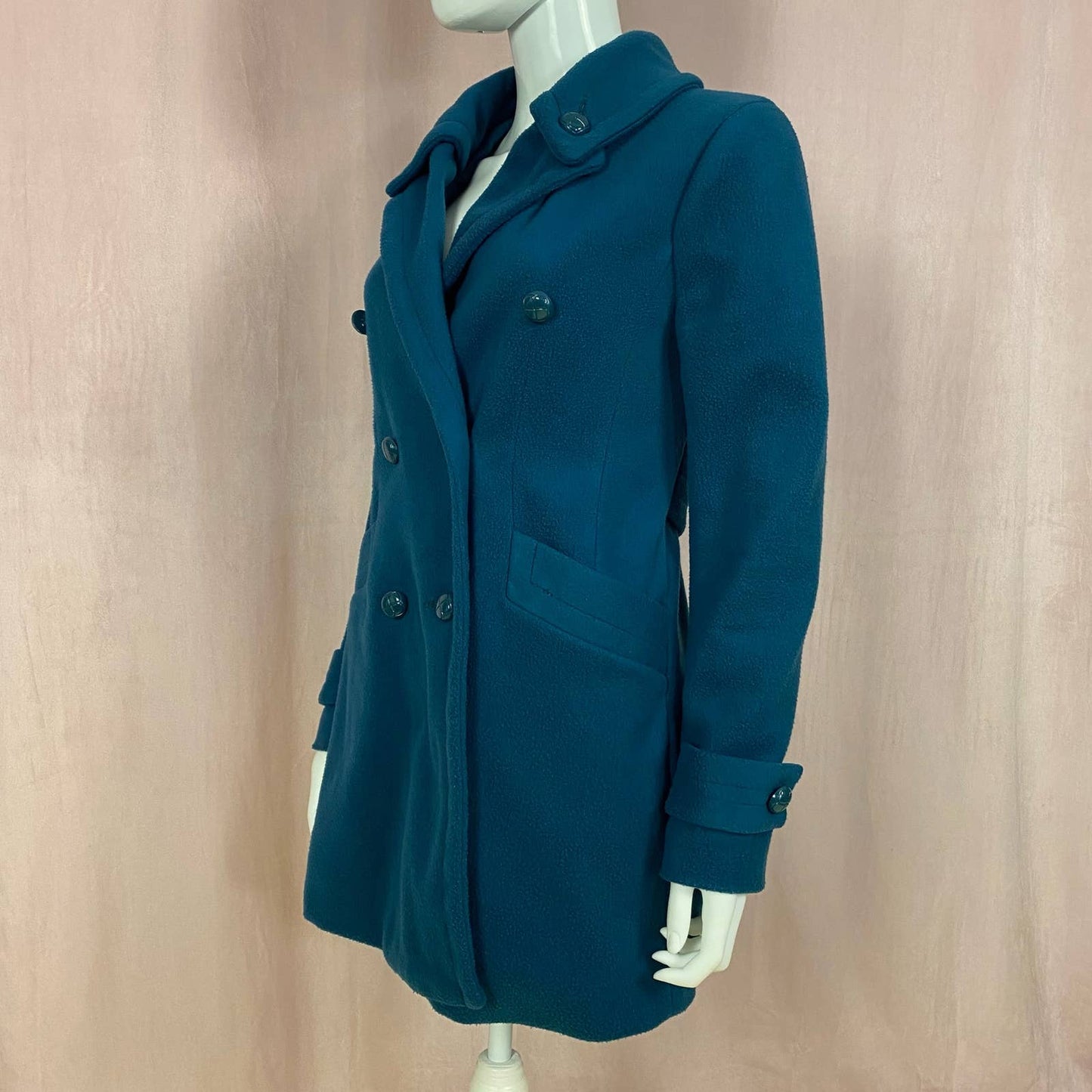Secondhand Finesse Double Breasted Long Teal Jacket, Size Small