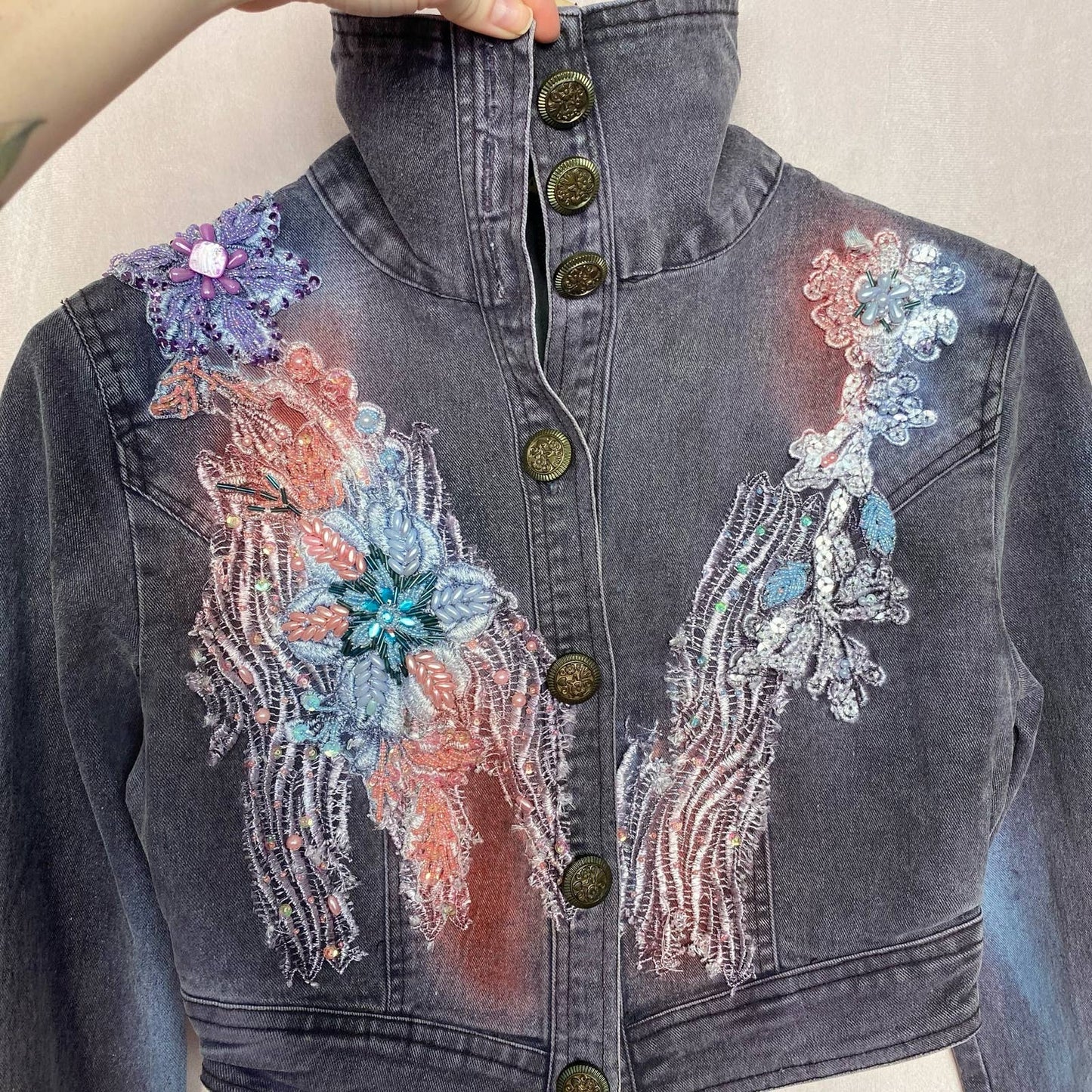Secondhand AngFu Embellished Crop Jean Jacket, Size Small