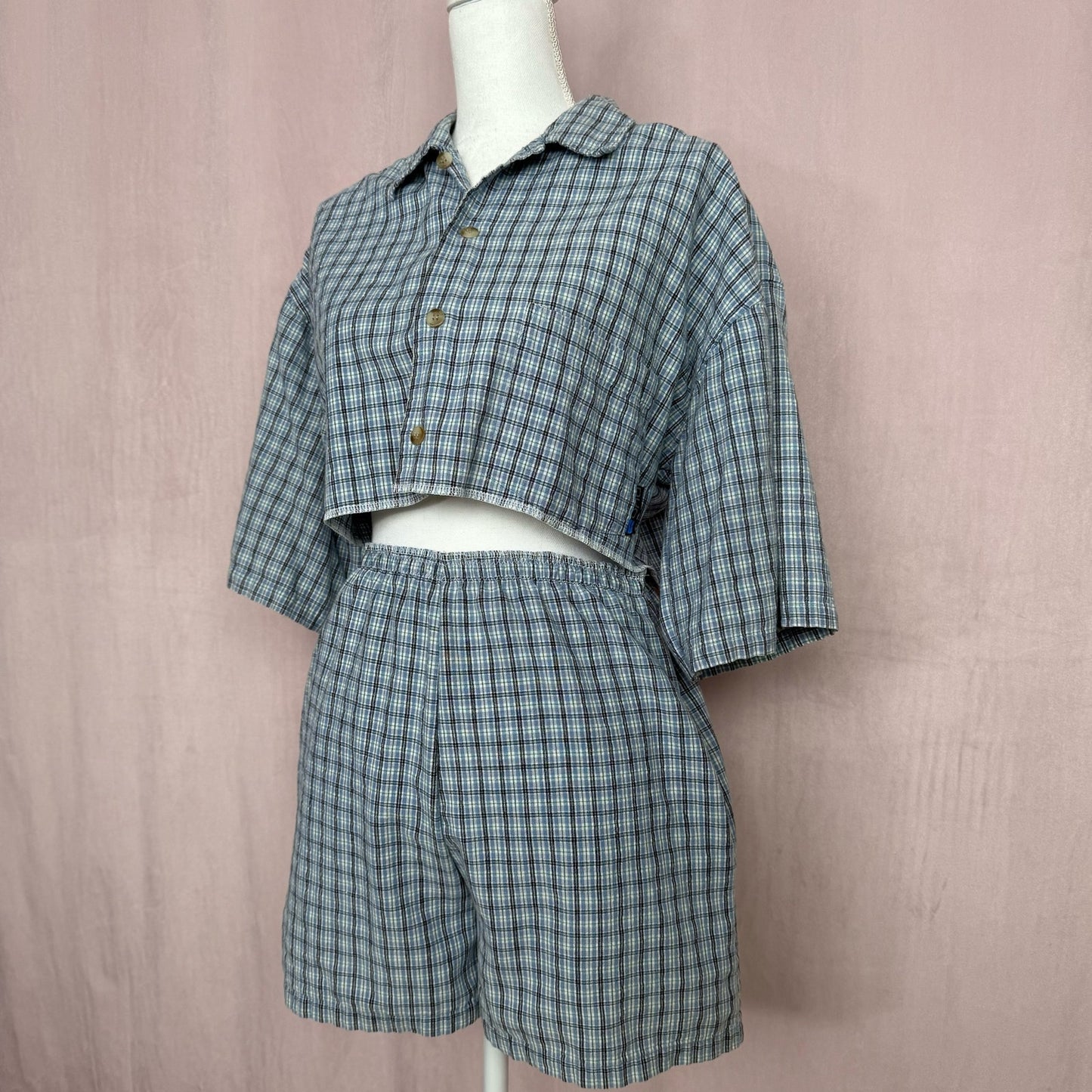 Upcycled Button Up Crop Shirt & Boxer Shorts Set, Size S/M