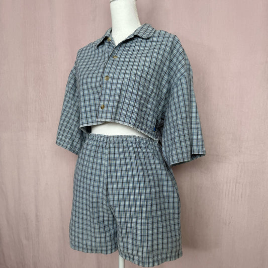 Upcycled Button Up Crop Shirt & Boxer Shorts Set, Size S/M