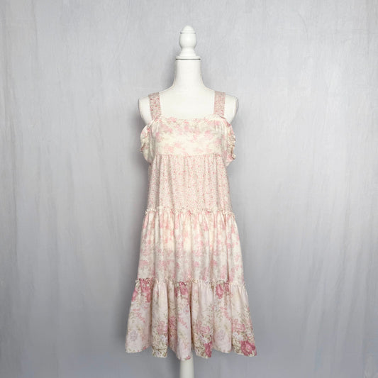 Vintage 90s Cream Pink Floral Ruffle Midi Dress, Size XL