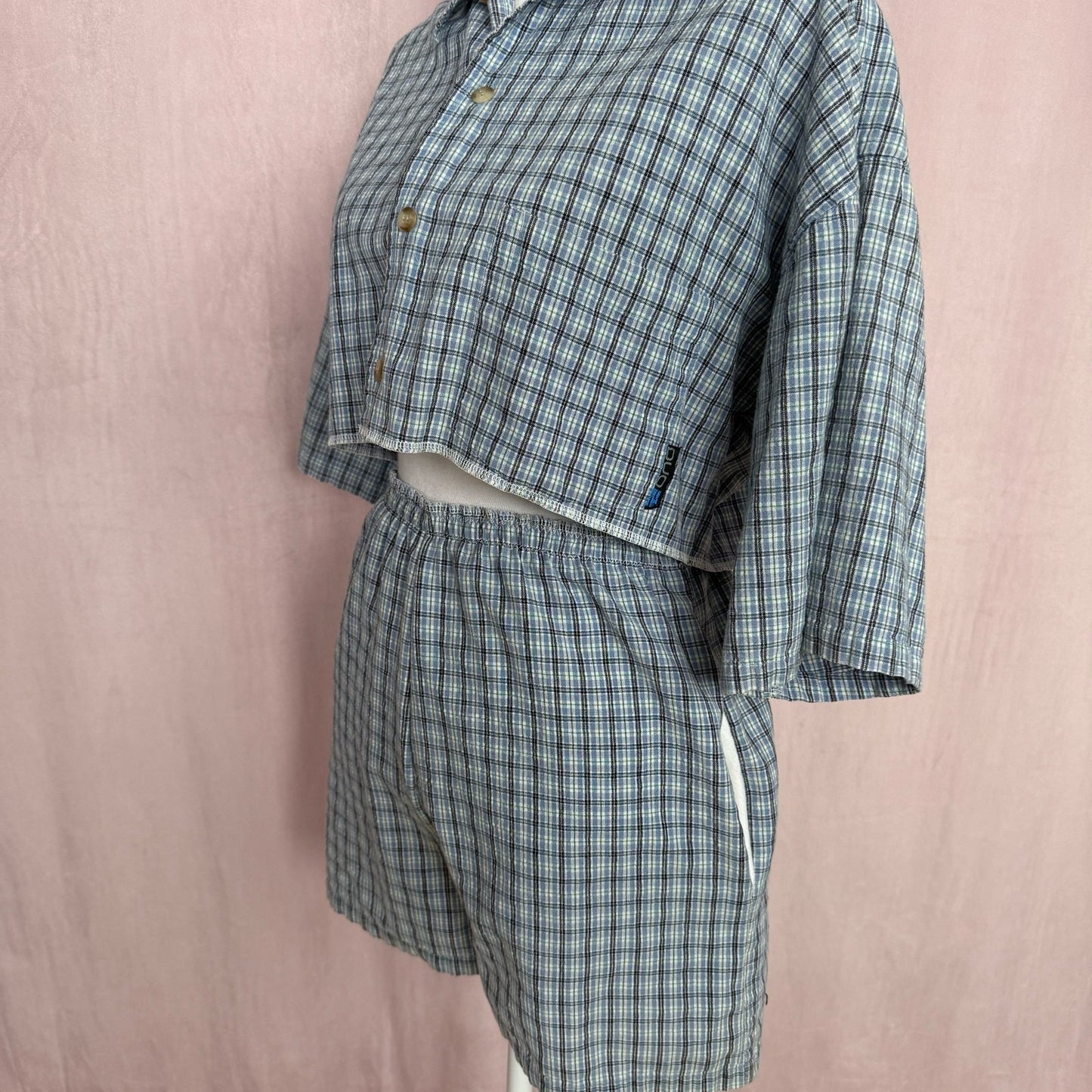 Upcycled Button Up Crop Shirt & Boxer Shorts Set, Size S/M