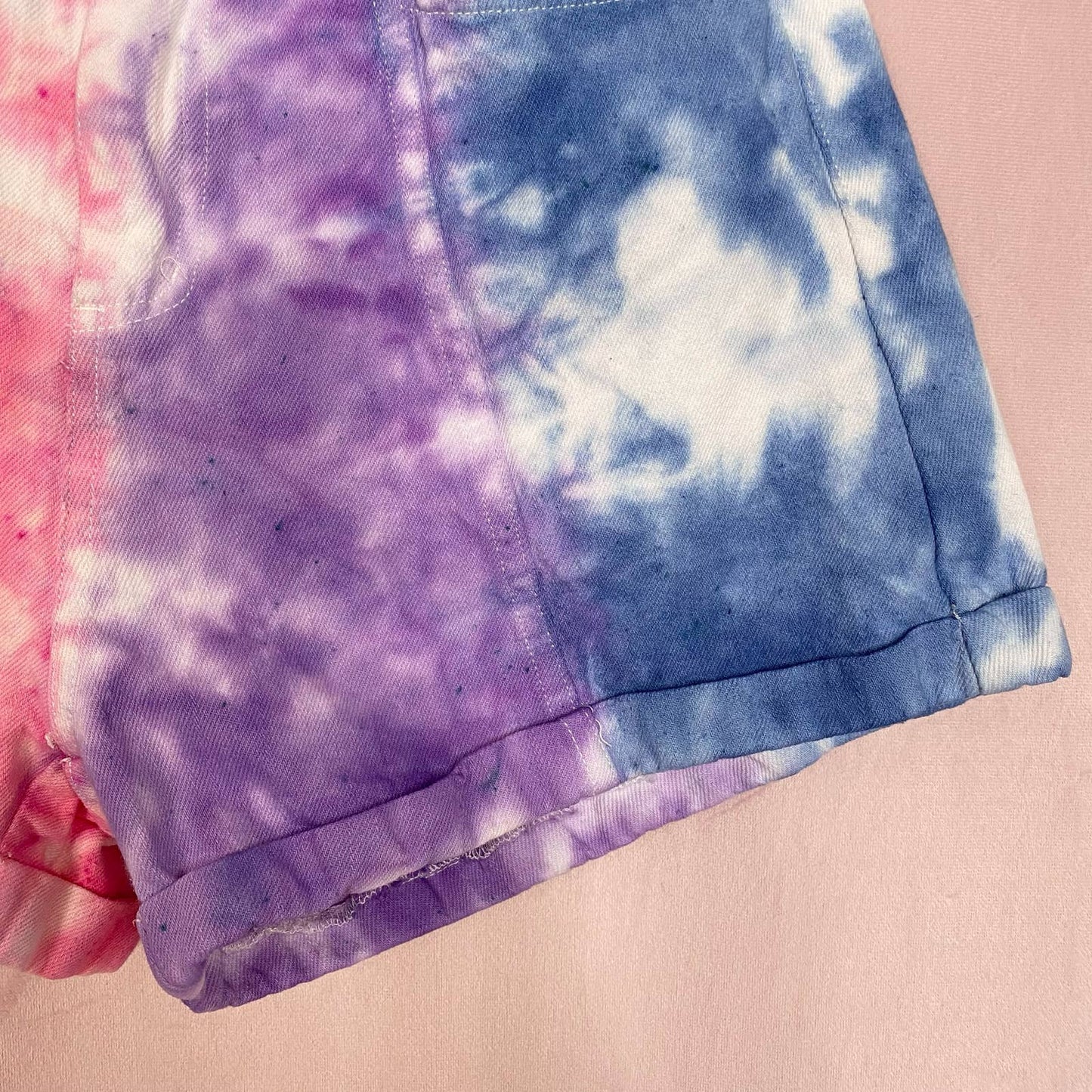 Upcycled Denim Tie Dye High Rise Shorts, Size 25”