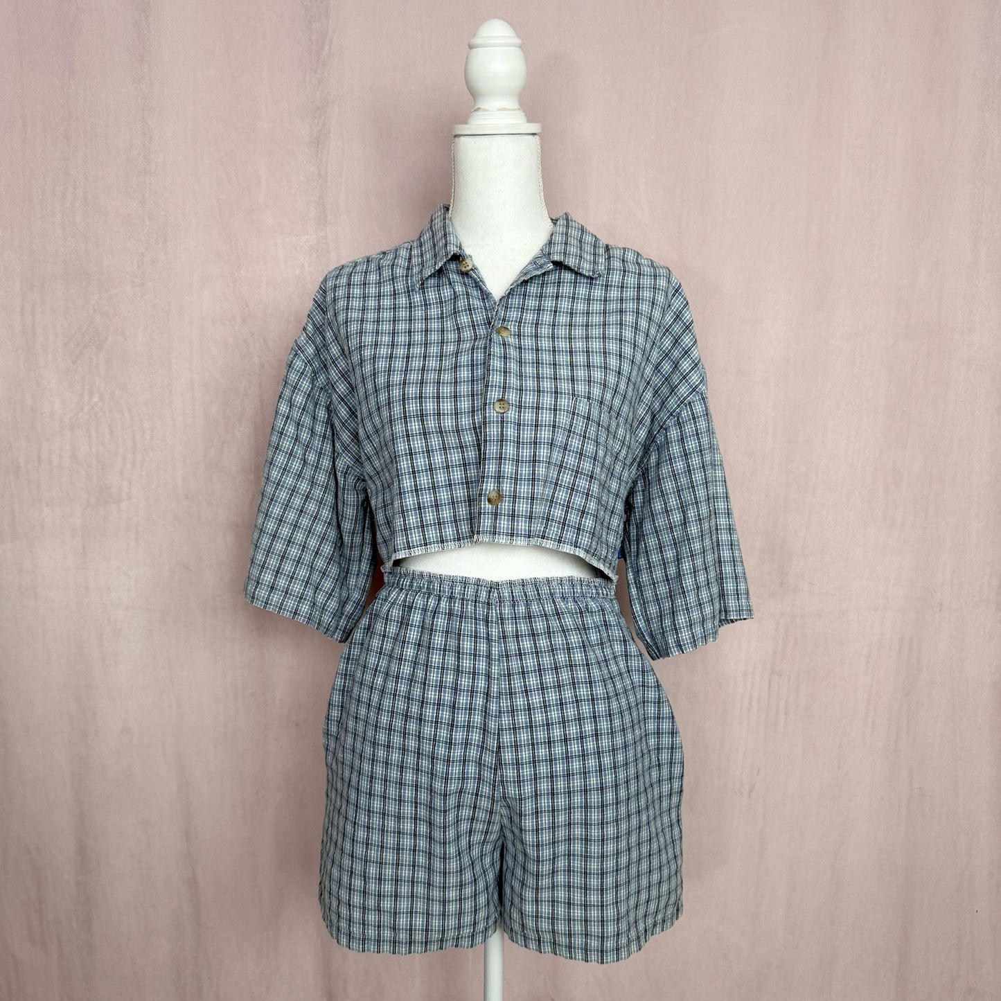 Upcycled Button Up Crop Shirt & Boxer Shorts Set, Size S/M