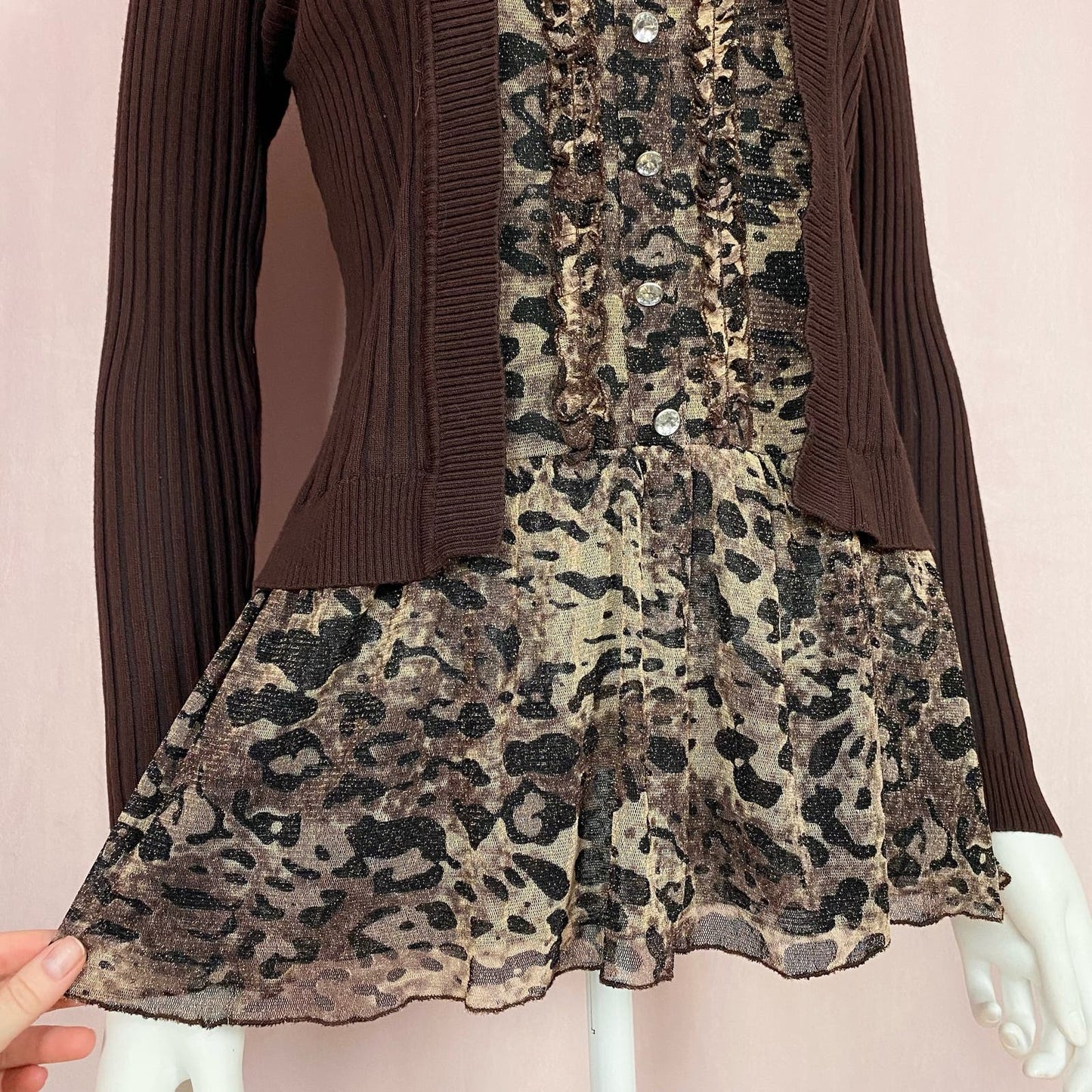 Vintage Ribbed Cardigan Leopard Print Mesh Top, Size Small