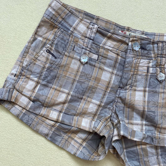 Y2K Fragile Plaid Floral Low Rise Shorts, Size 7