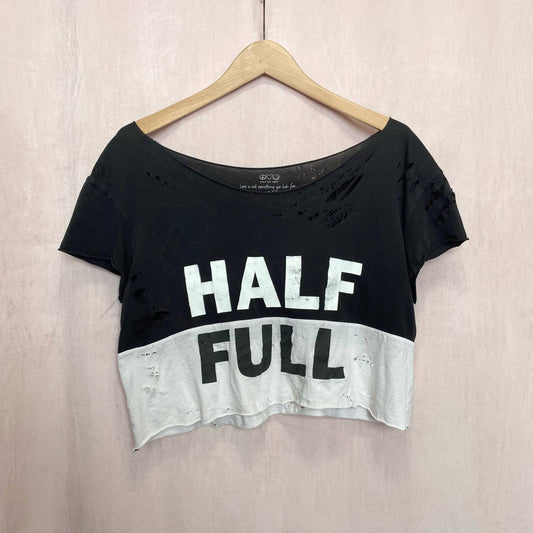 Reworked Half Full Distressed Crop Tee, Size Medium