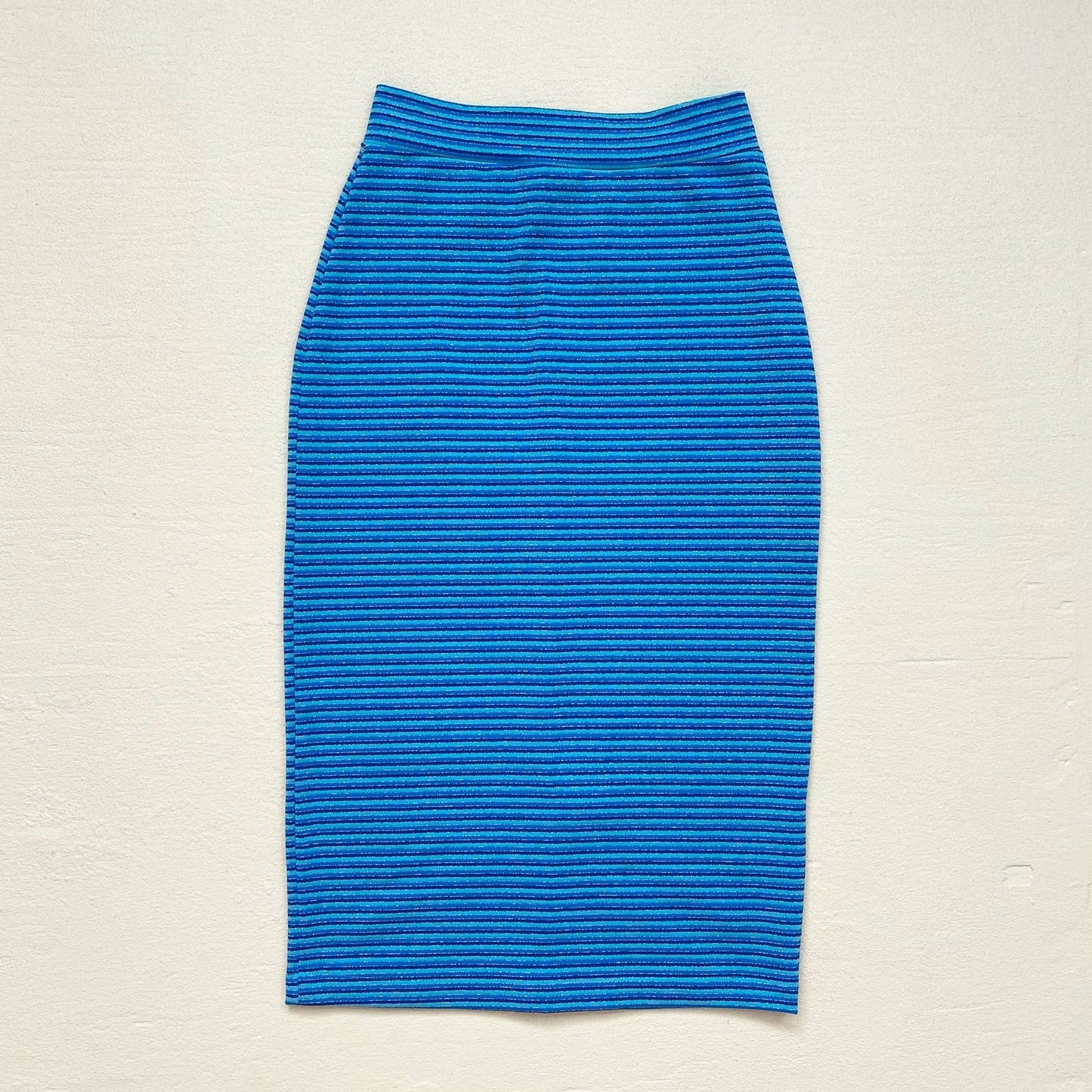 Vintage Metallic Striped Blue Pencil Stretch Skirt, Size Small