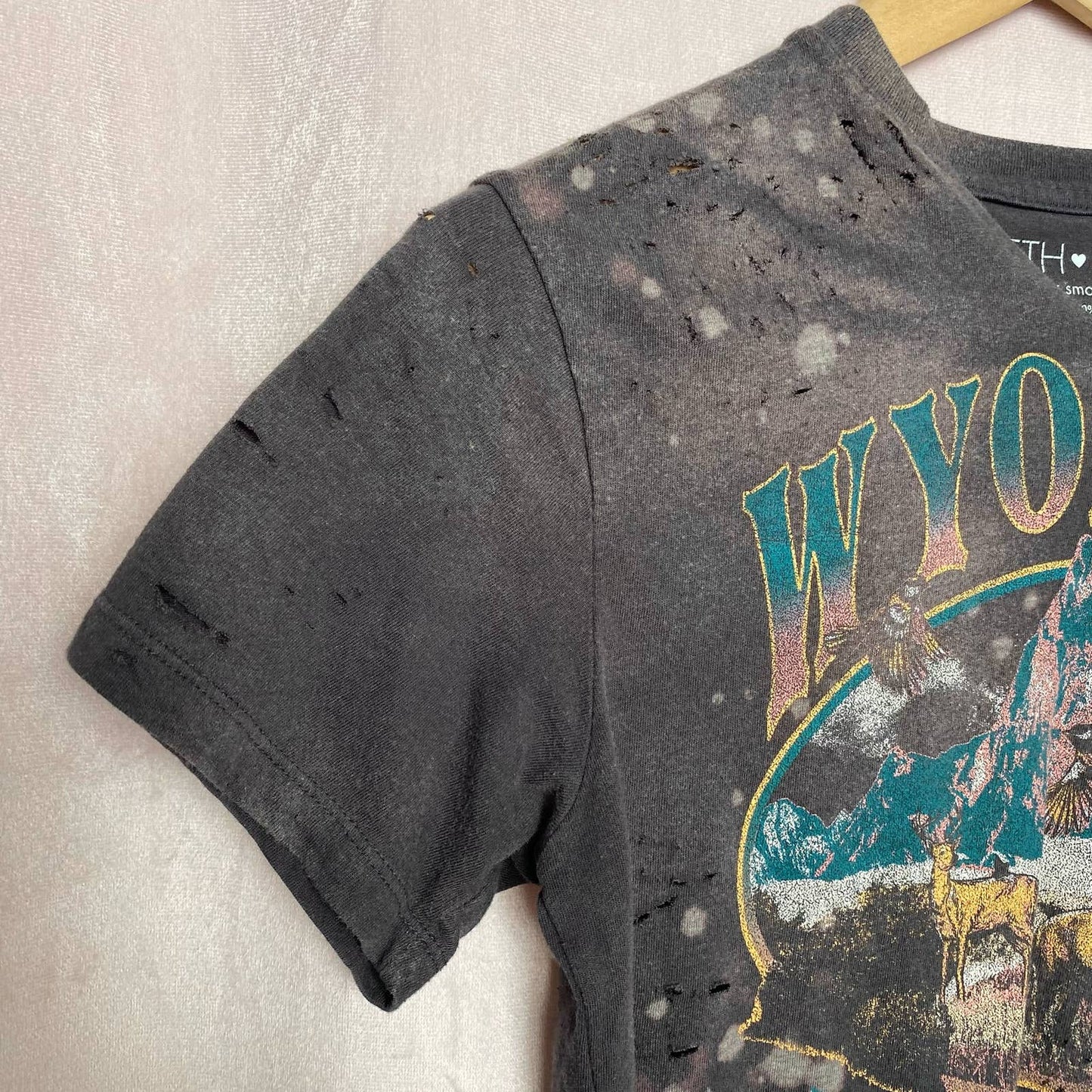 Upcycled Fifth Sun Wyoming Distressed Crop Tee, Size XS
