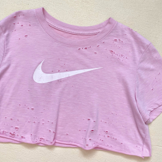 Reworked Nike Swoosh Pink Distressed Crop Tee, Size Large