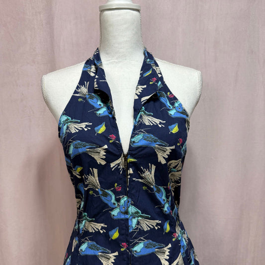 Secondhand Title A Bird Print Fit & Flare Halter Midi Dress, Size Small